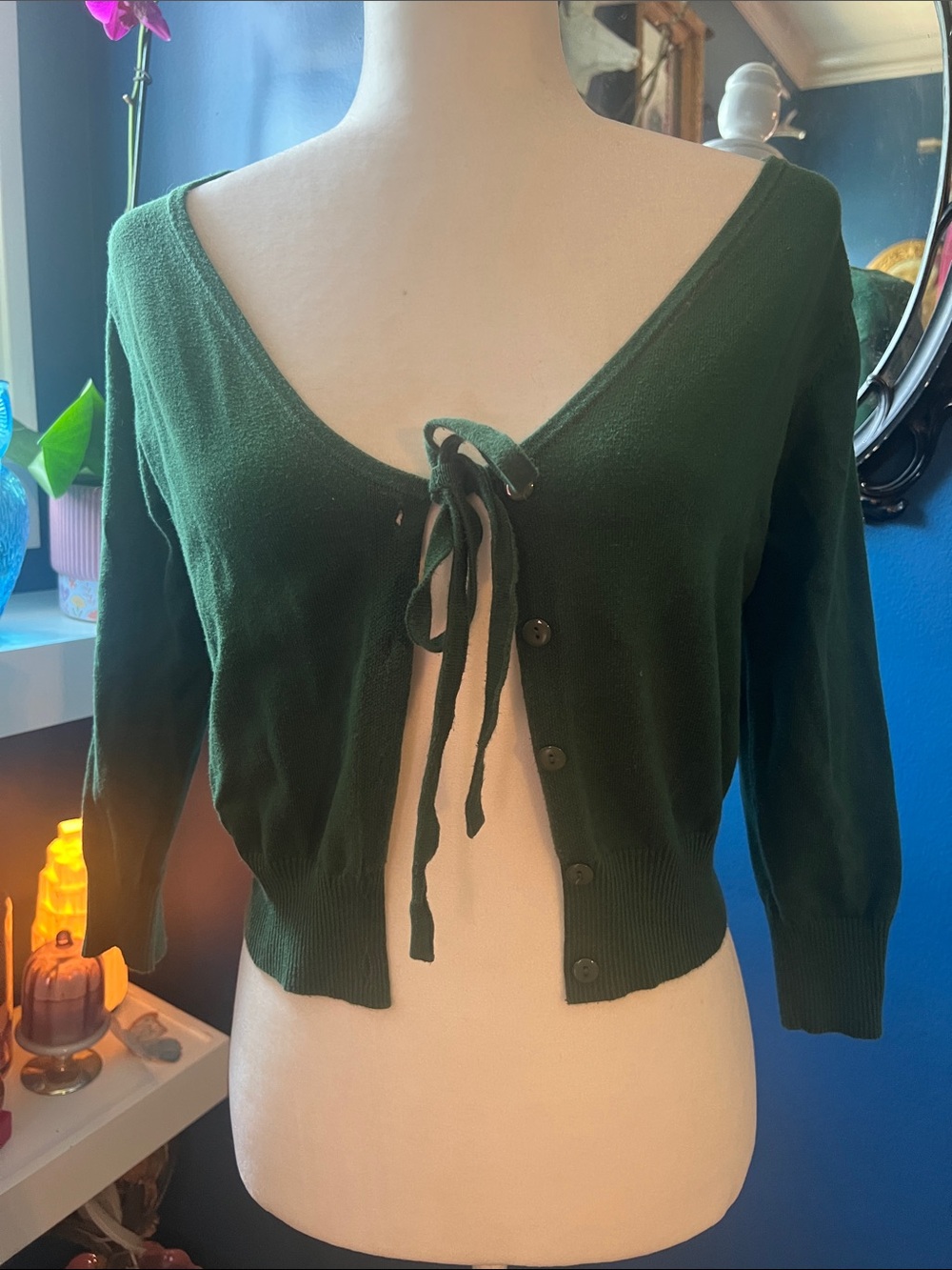 Unique Vintage Dark Green Tie-Front Cropped Cardigan